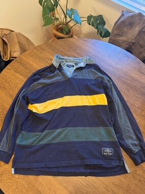 Vintage Van Heusen striped long sleeve polo shirt with denim color (size medium)